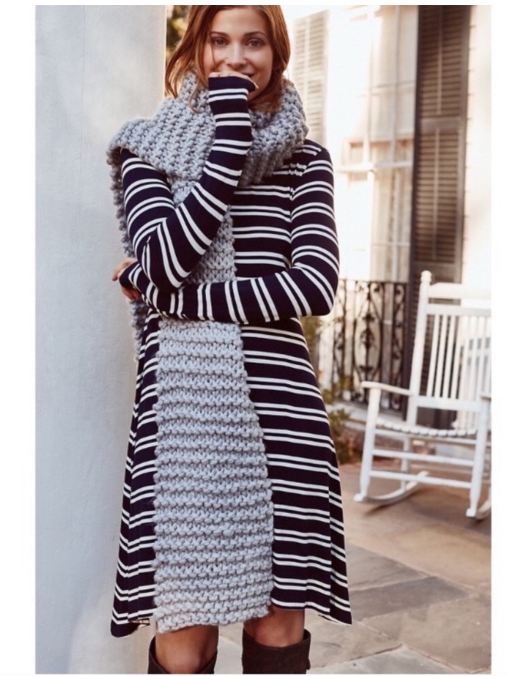 Maeve Navy and White Striped Turtleneck Dress